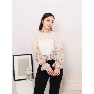 AE Piona - Ruched Blouse Bunga-Bunga Dengan Collar Ruffle