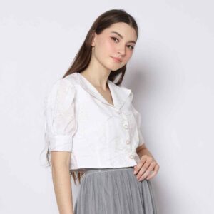 AE PIONA - Lapel Collar Cropped Blouse With Puffed Sleeves